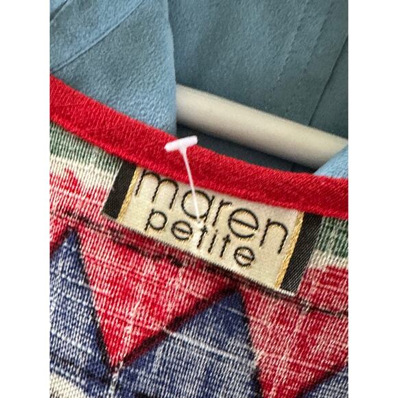 Vintage 80s Linen Graphic Print Vest Size Small Red Blue Green Artsy India Vibe - Picture 3 of 7